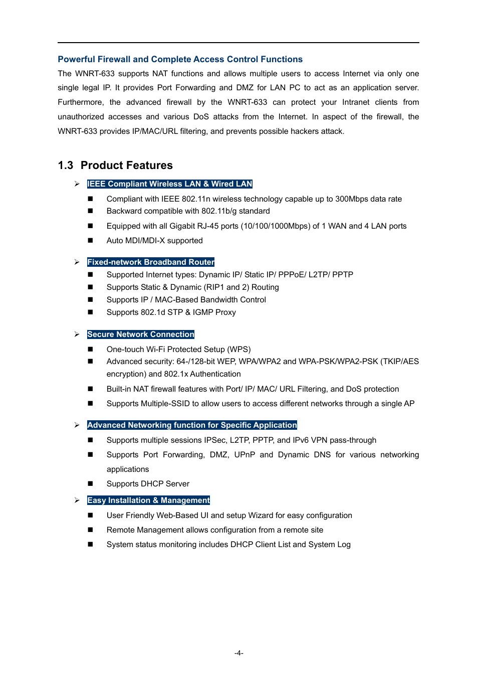 3 product features, Product features | PLANET WNRT-633 User Manual | Page 11 / 114