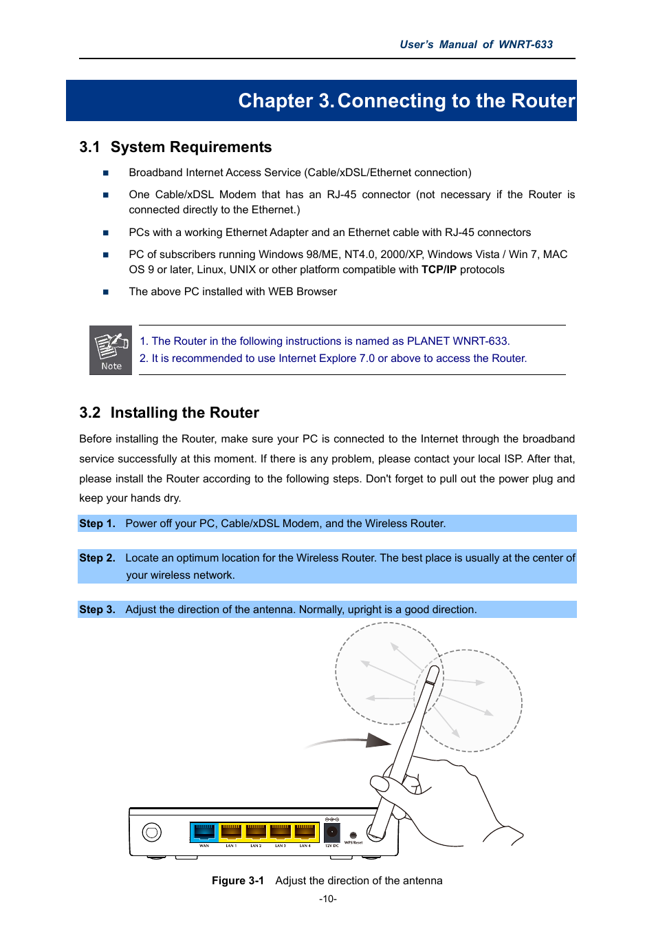 Chapter 3. connecting to the router, 1 system requirements, 2 installing the router | System requirements, Installing the router | PLANET WNRT-633 User Manual | Page 17 / 114