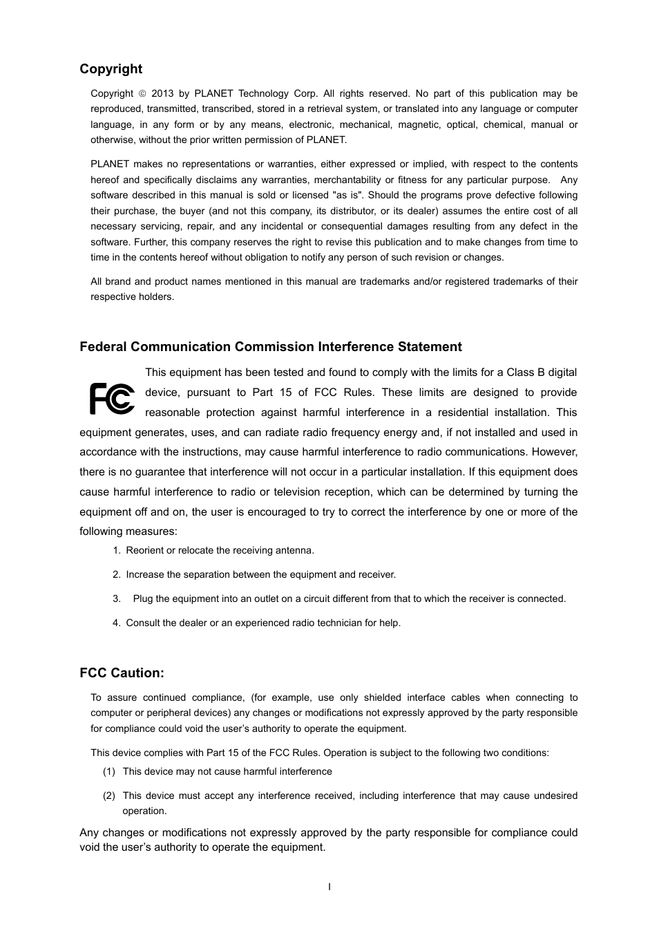 Copyright, Fcc caution | PLANET WNRT-633 User Manual | Page 2 / 114