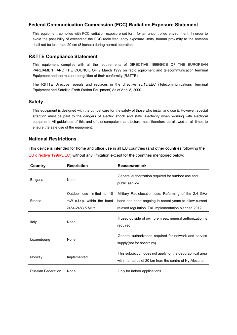 R&tte compliance statement, Safety, National restrictions | PLANET WNRT-633 User Manual | Page 3 / 114