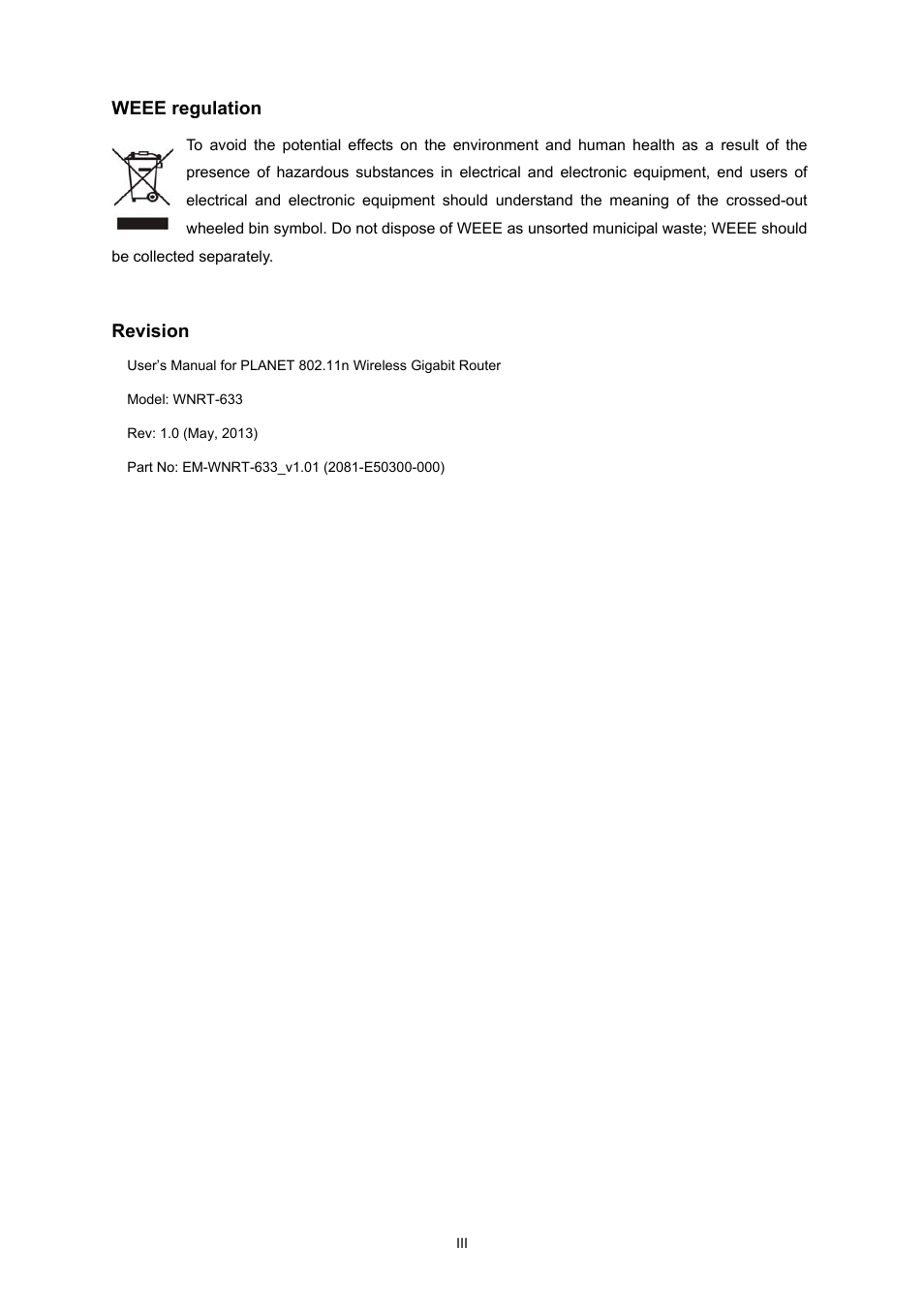 Weee regulation, Revision | PLANET WNRT-633 User Manual | Page 4 / 114