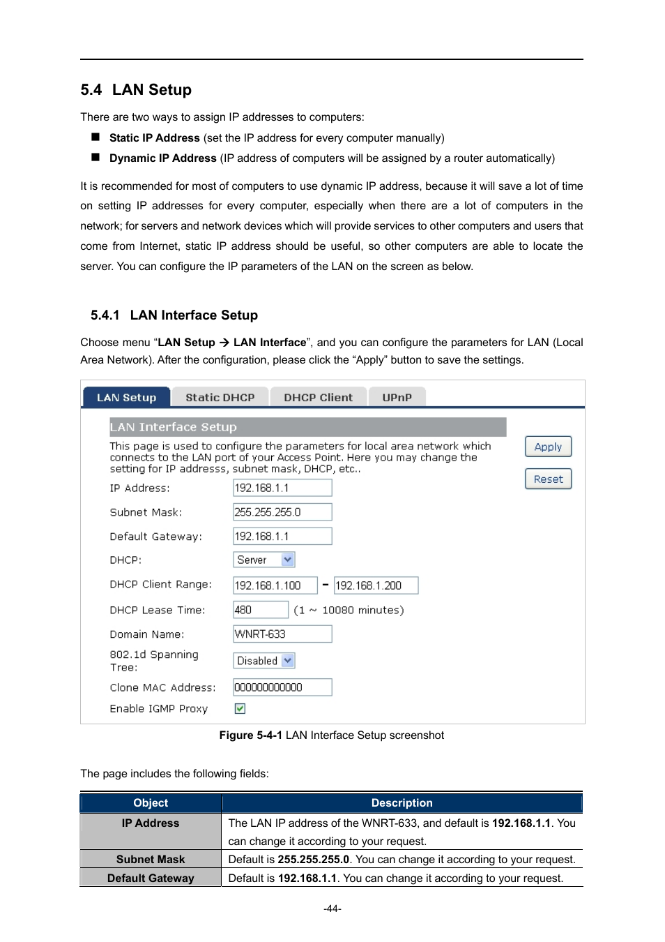 4 lan setup, 1 lan interface setup, Lan setup | Lan interface setup | PLANET WNRT-633 User Manual | Page 51 / 114