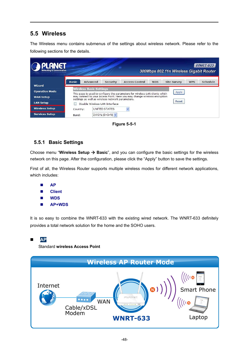 5 wireless, 1 basic settings, Wireless | Basic settings | PLANET WNRT-633 User Manual | Page 55 / 114