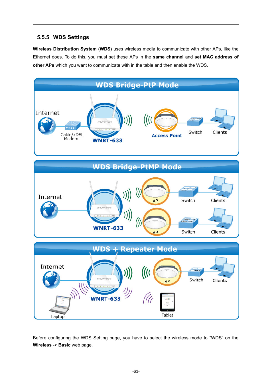 5 wds settings, Wds settings | PLANET WNRT-633 User Manual | Page 70 / 114