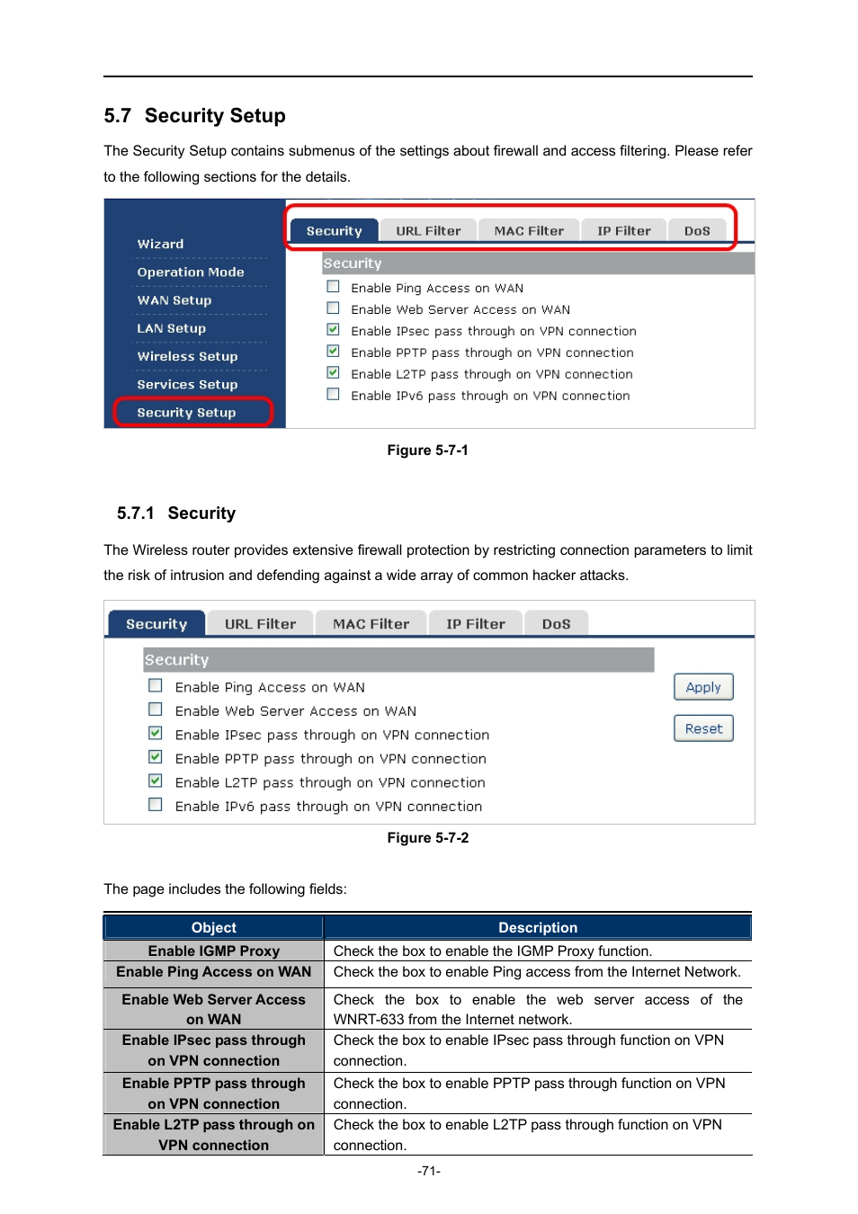 7 security setup, 1 security, Security setup | Security | PLANET WNRT-633 User Manual | Page 78 / 114