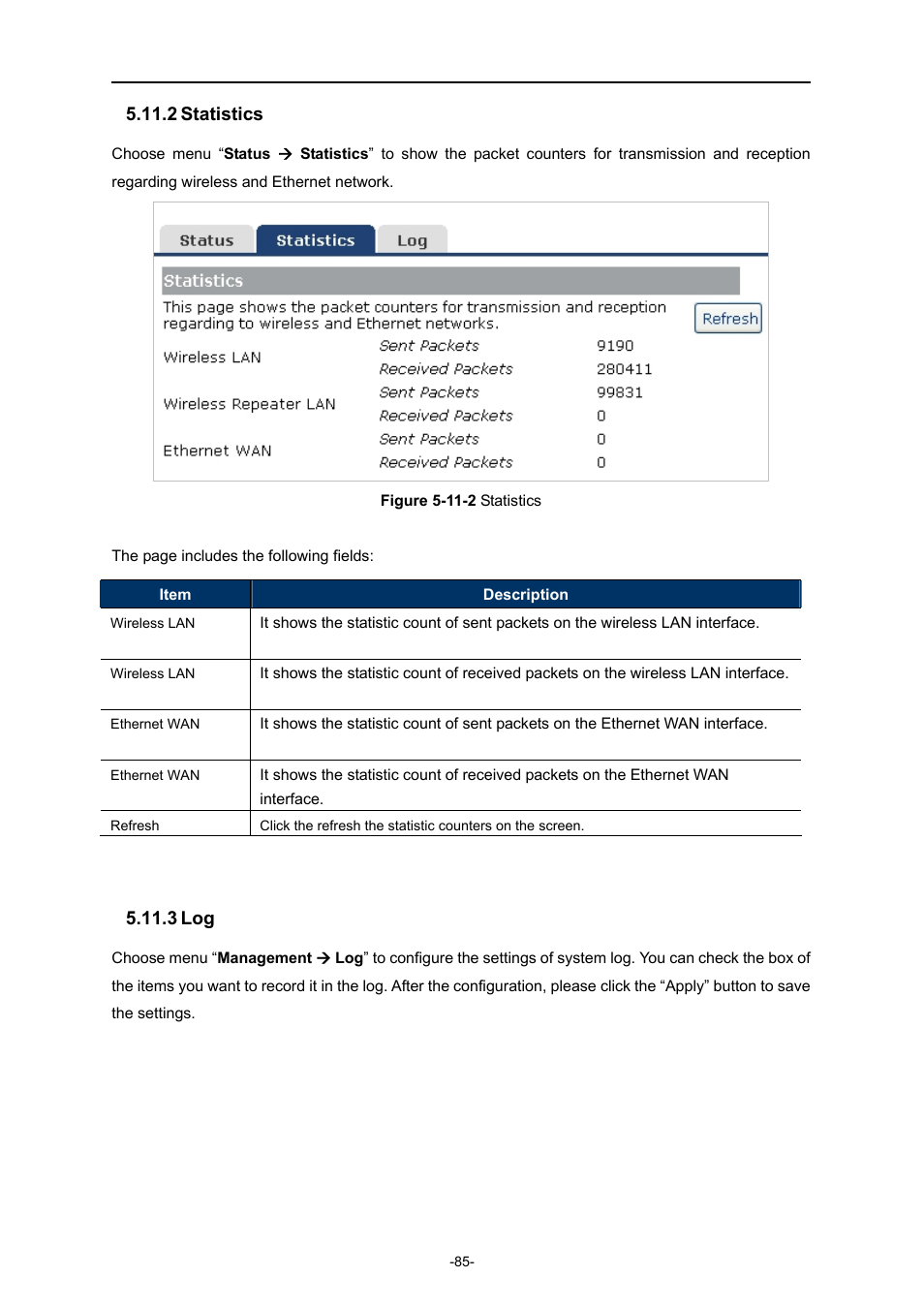 2 statistics, 3 log, Statistics | PLANET WNRT-633 User Manual | Page 92 / 114