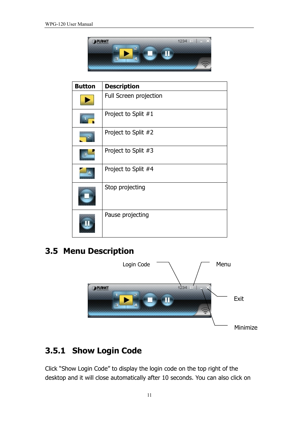5 menu description, 1 show login code, Menu description | Show login code | PLANET WPG-120 User Manual | Page 11 / 30