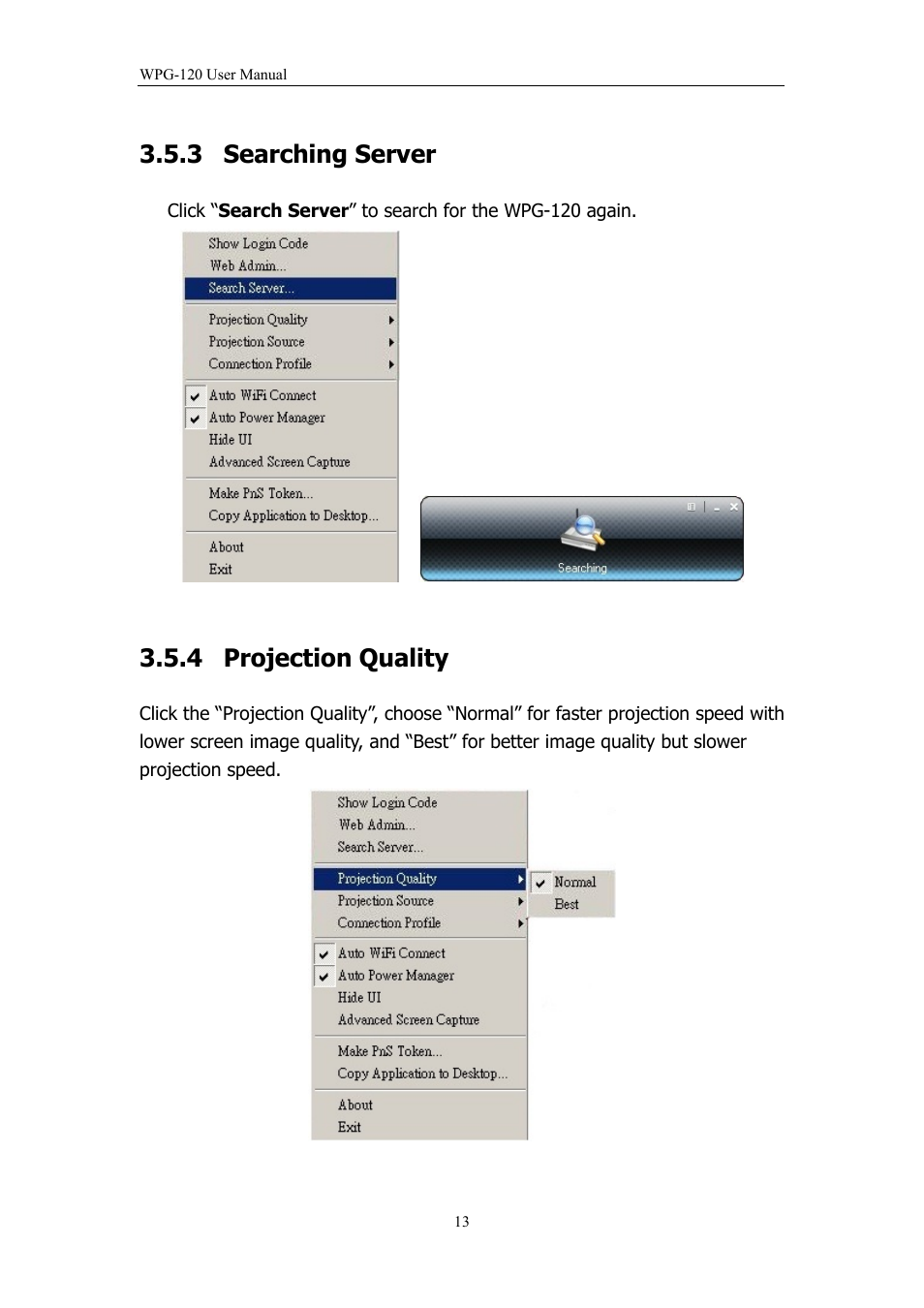 3 searching server, 4 projection quality, Searching server | Projection quality | PLANET WPG-120 User Manual | Page 13 / 30