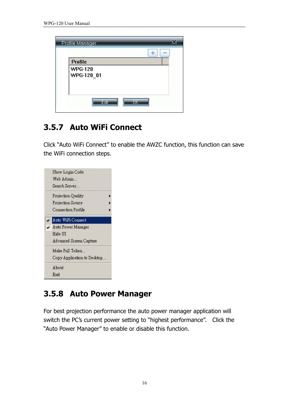 7 auto wifi connect, 8 auto power manager, Auto wifi connect | Auto power manager | PLANET WPG-120 User Manual | Page 16 / 30
