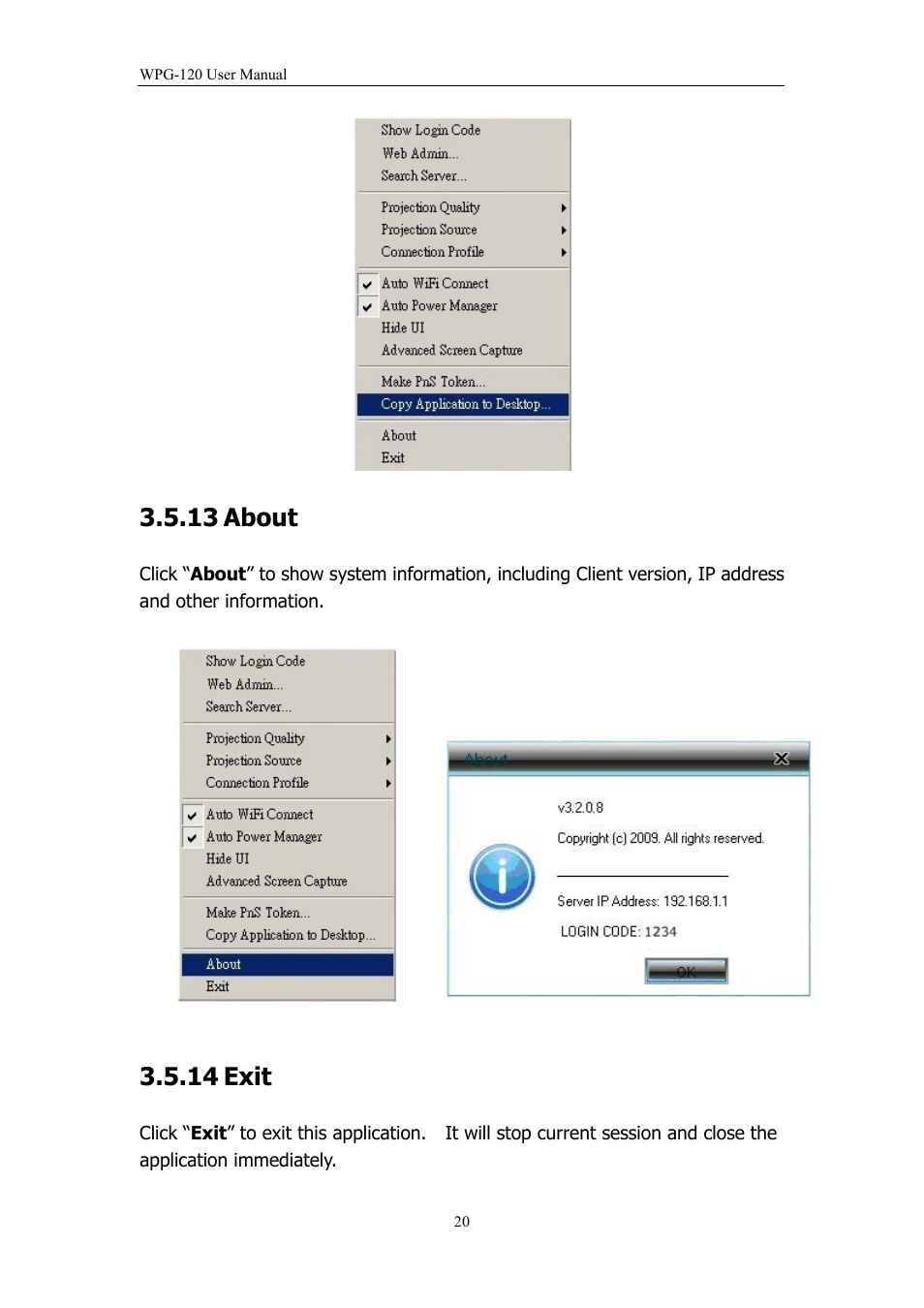 13 about, 14 exit, About | Exit | PLANET WPG-120 User Manual | Page 20 / 30