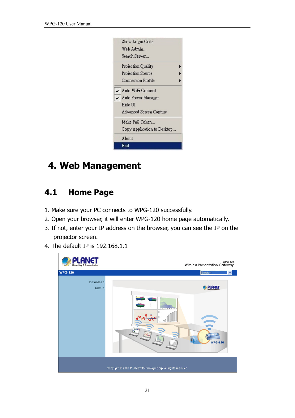 Web management, 1 home page | PLANET WPG-120 User Manual | Page 21 / 30