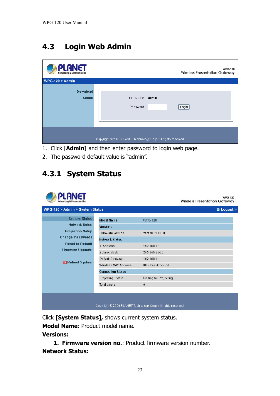 3 login web admin, 1 system status, Login web admin | System status | PLANET WPG-120 User Manual | Page 23 / 30