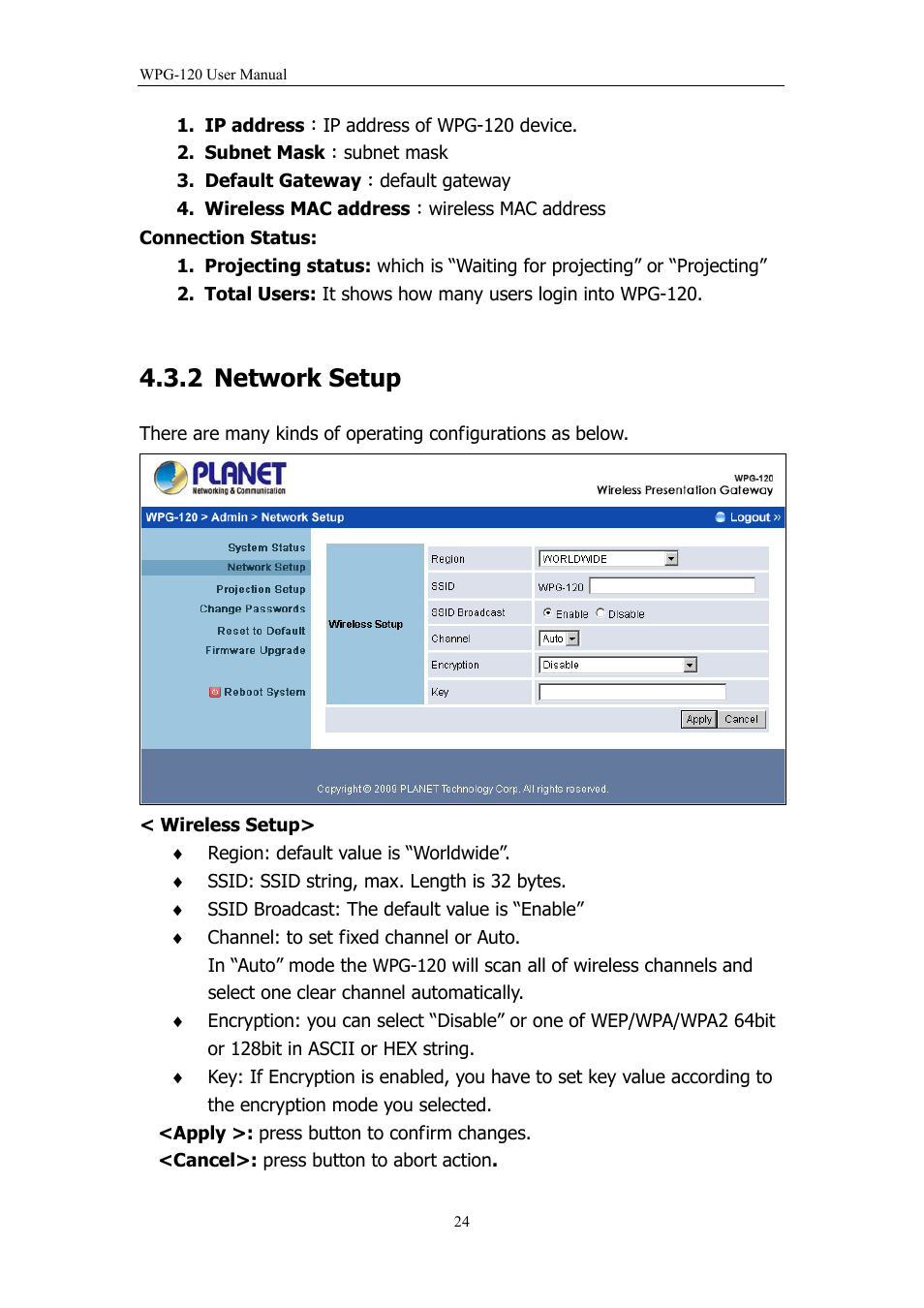 2 network setup, Network setup | PLANET WPG-120 User Manual | Page 24 / 30