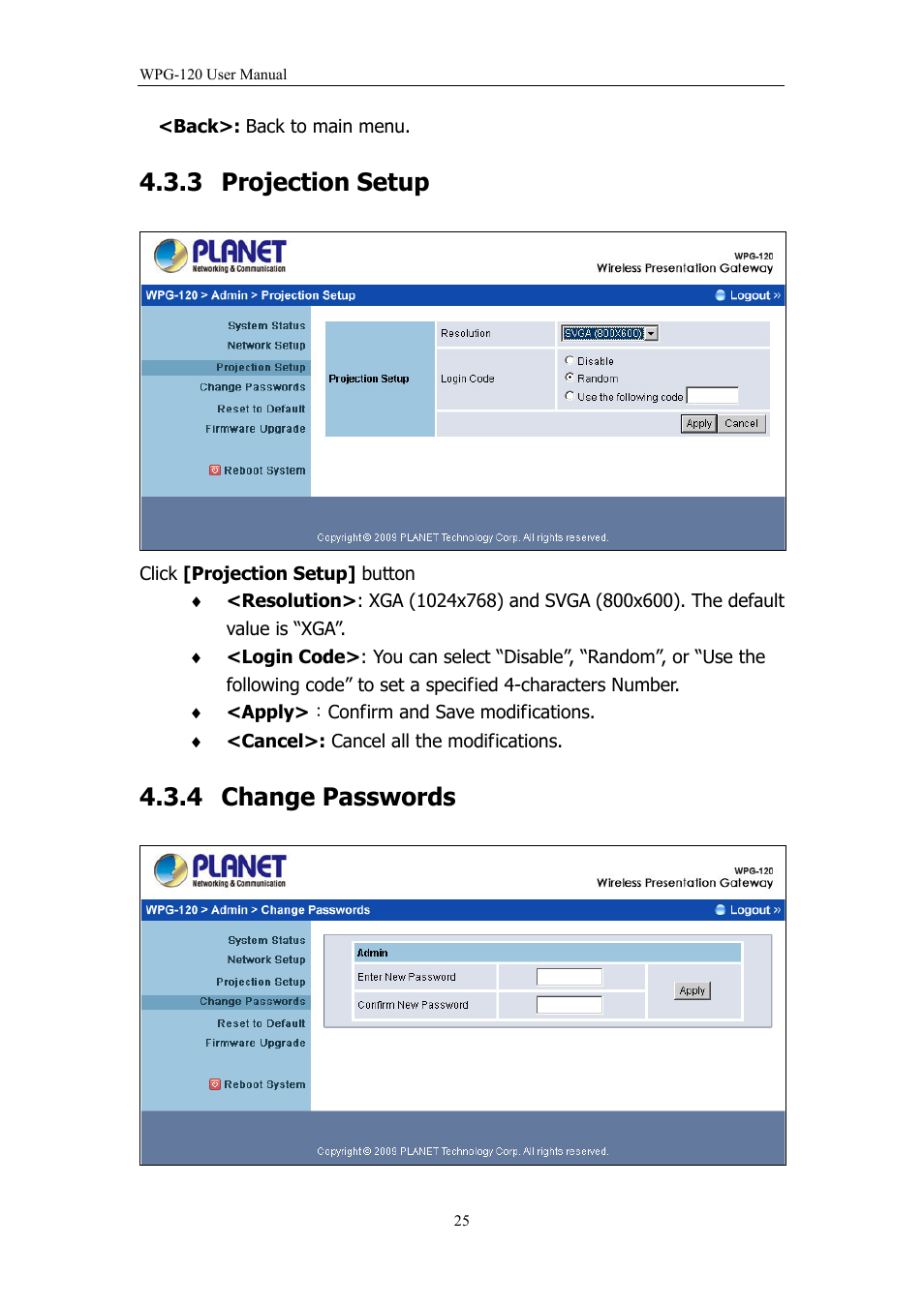 3 projection setup, 4 change passwords, Projection setup | Change passwords | PLANET WPG-120 User Manual | Page 25 / 30