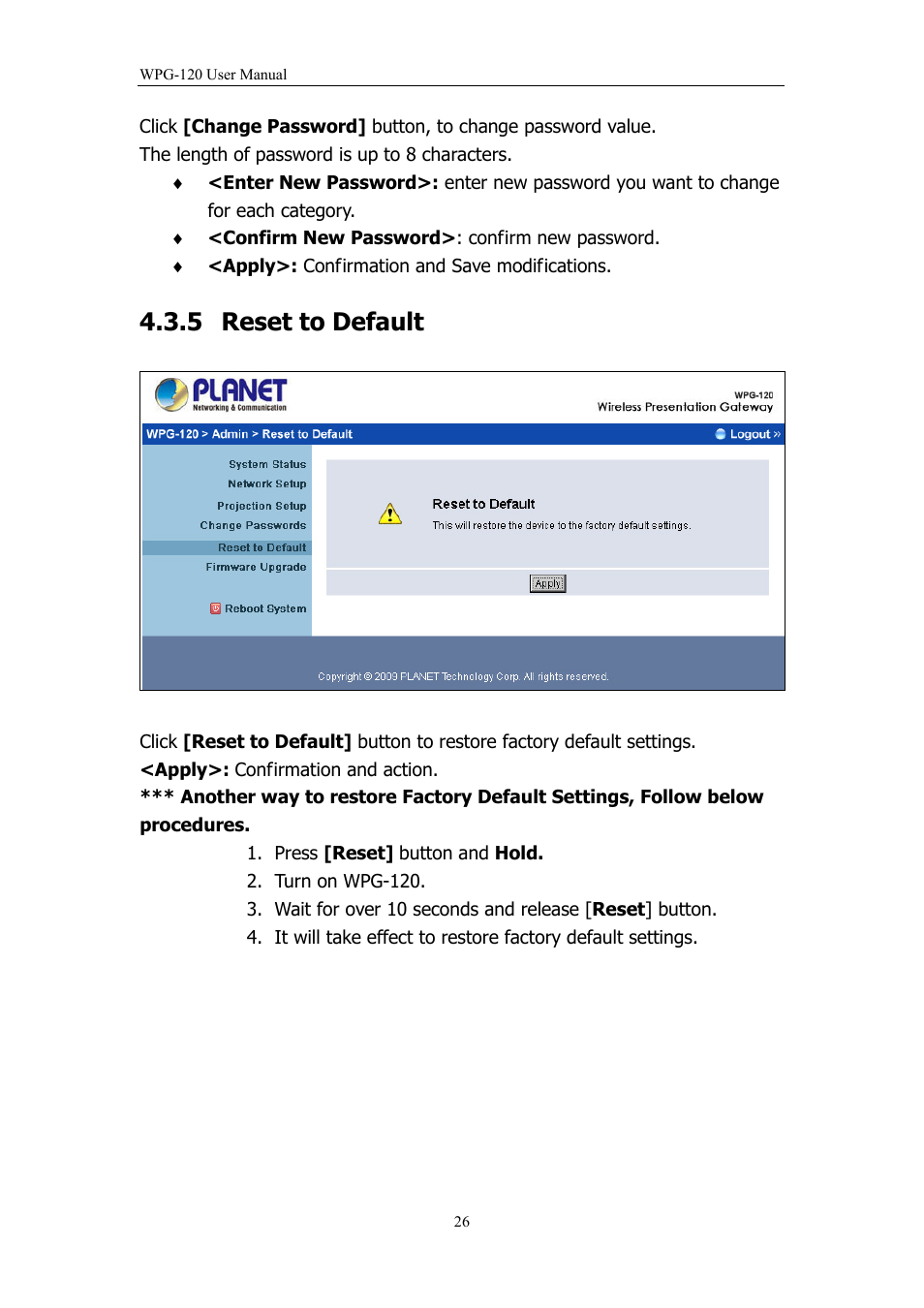 5 reset to default, Reset to default | PLANET WPG-120 User Manual | Page 26 / 30