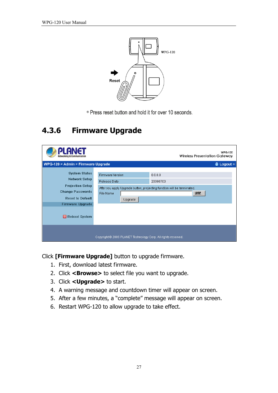 6 firmware upgrade, Firmware upgrade | PLANET WPG-120 User Manual | Page 27 / 30