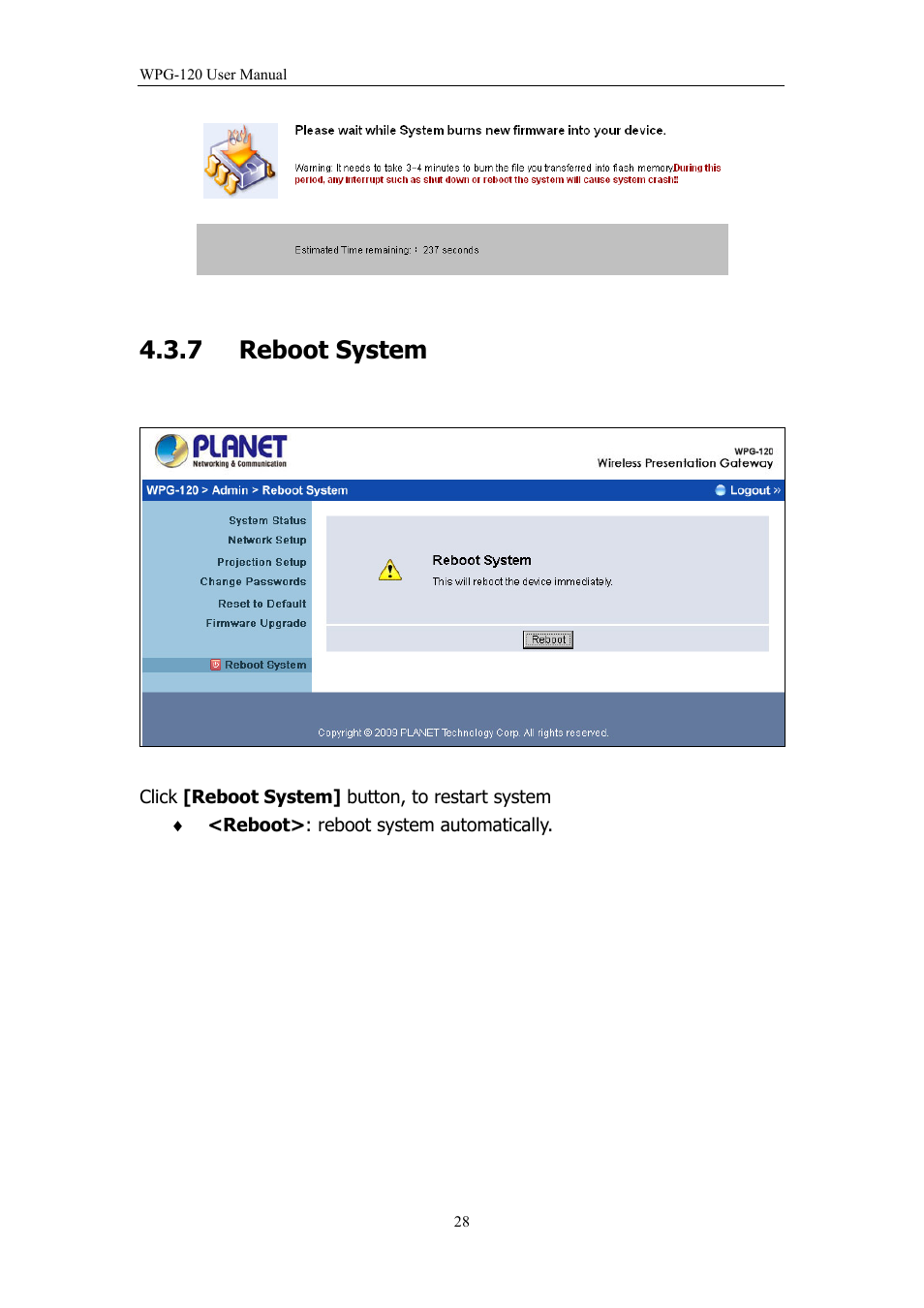 7 reboot system, Reboot system | PLANET WPG-120 User Manual | Page 28 / 30