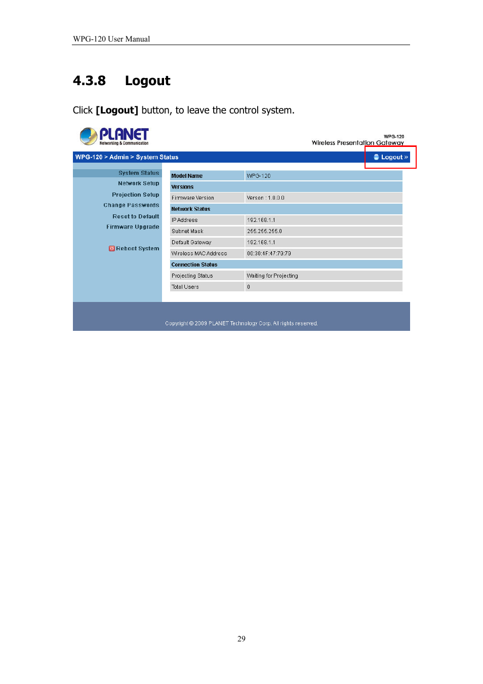 8 logout, Logout | PLANET WPG-120 User Manual | Page 29 / 30