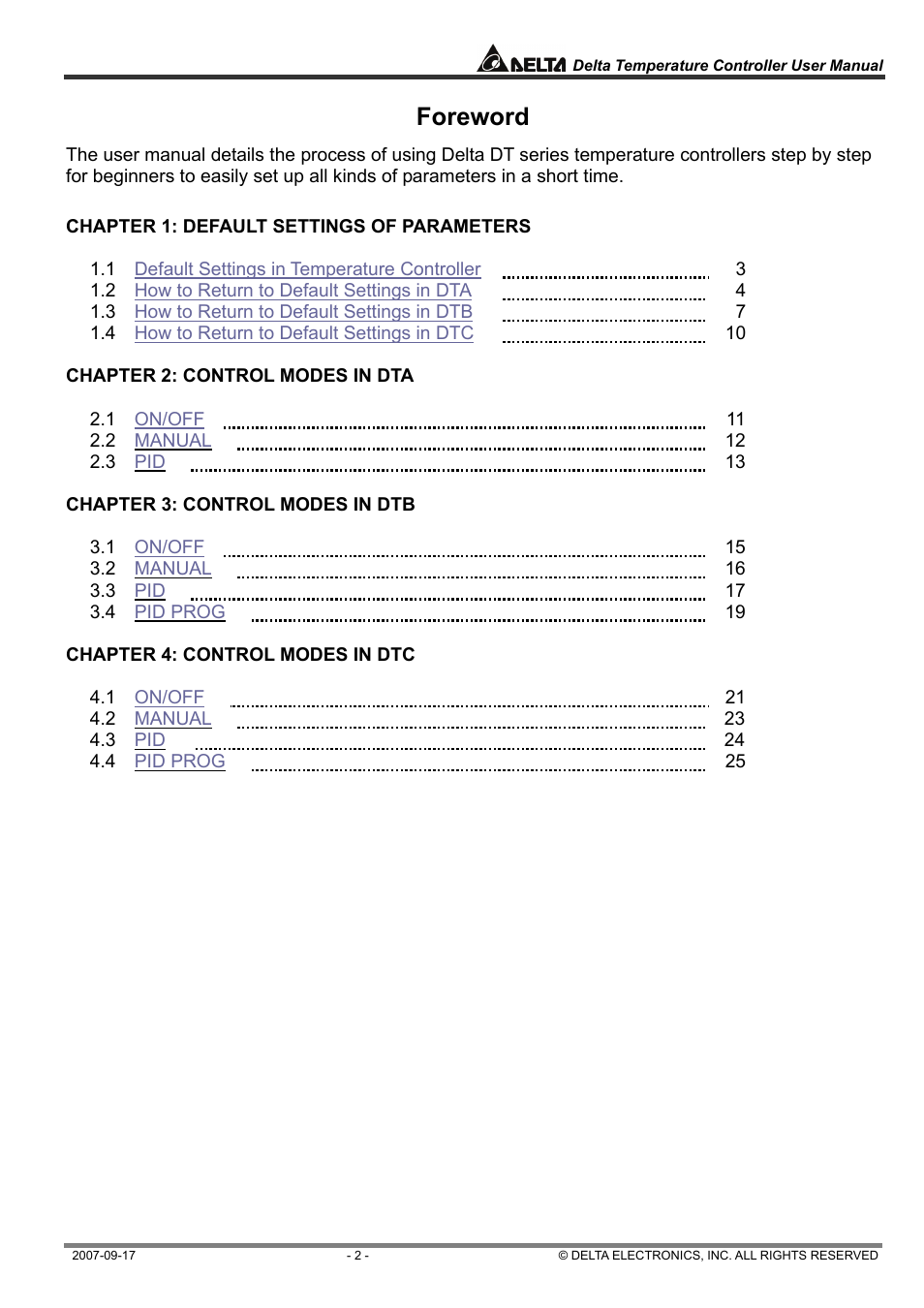 Foreword | Delta Electronics Delta Temperature Controller DTC1000R User Manual | Page 2 / 25