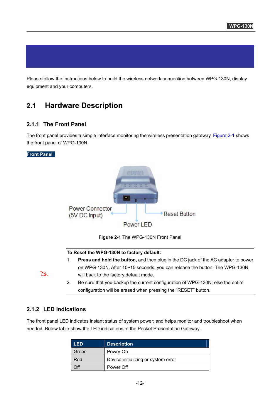 Chapter 2. hardware installation, 1 hardware description, 1 the front panel | 2 led indications, Chapter 2, Hardware installation, Hardware description, The front panel, Led indications | PLANET WPG-130N User Manual | Page 12 / 53