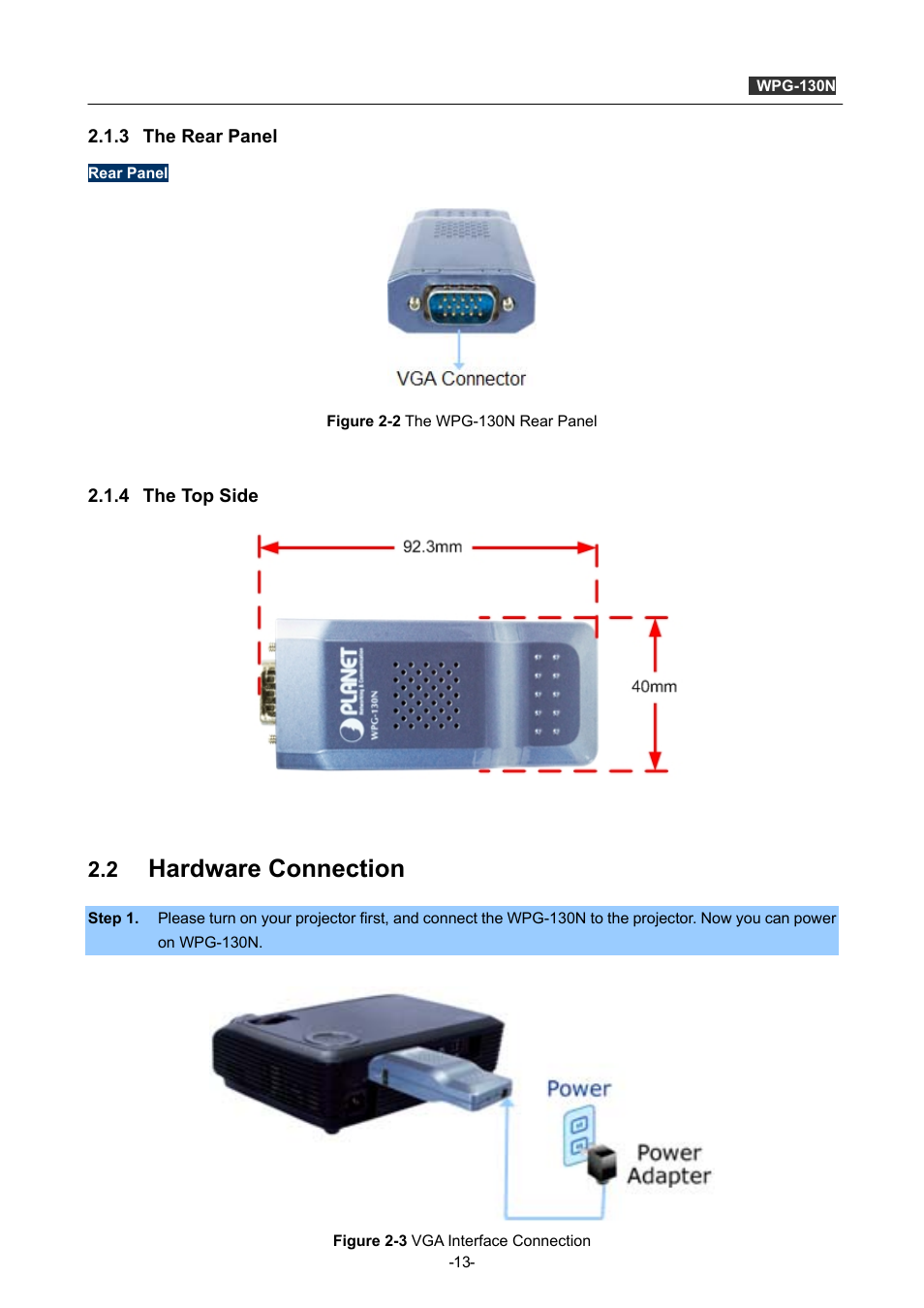 3 the rear panel, 4 the top side, 2 hardware connection | The rear panel, The top side, Hardware connection | PLANET WPG-130N User Manual | Page 13 / 53