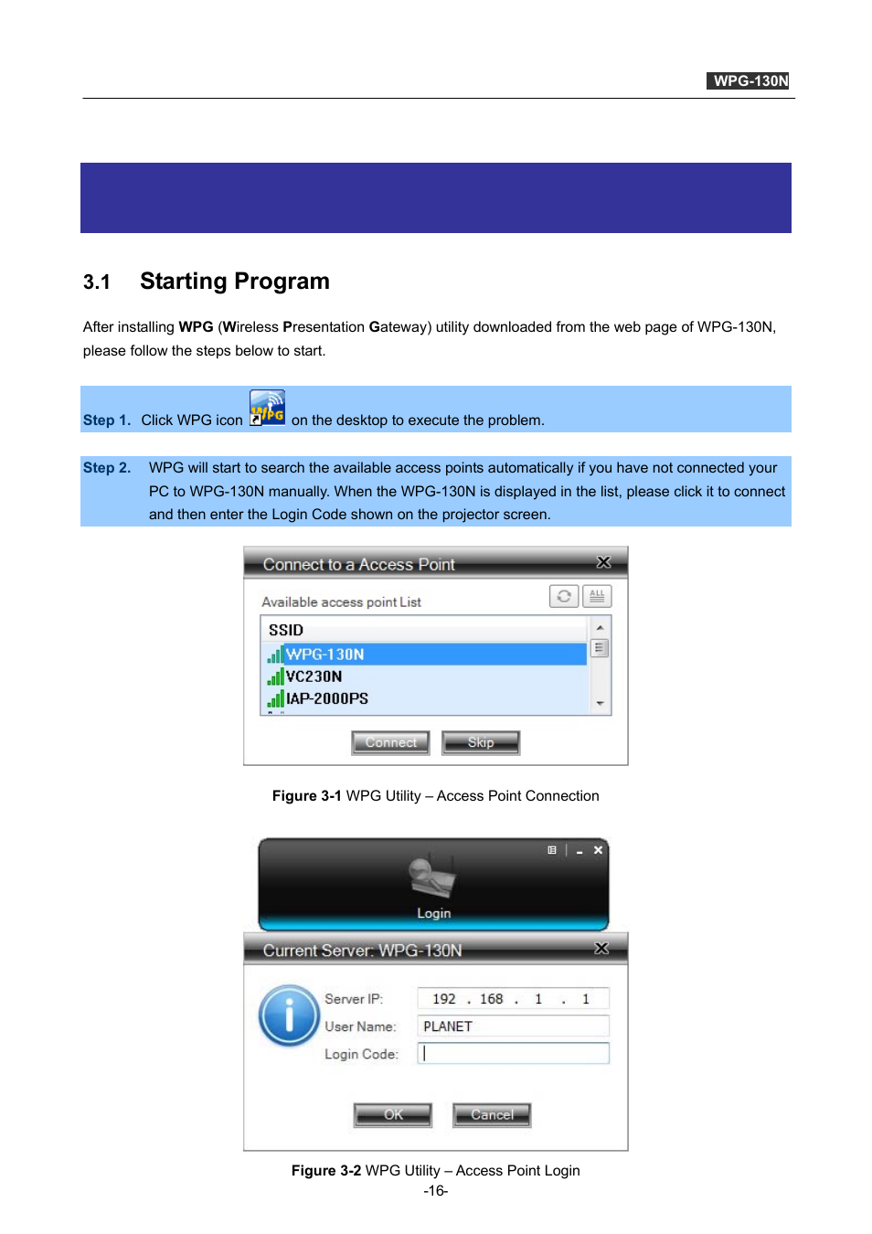 Chapter 3. windows client utility–wpg, 1 starting program, Chapter 3 | Windows client utility–wpg, Starting program | PLANET WPG-130N User Manual | Page 16 / 53