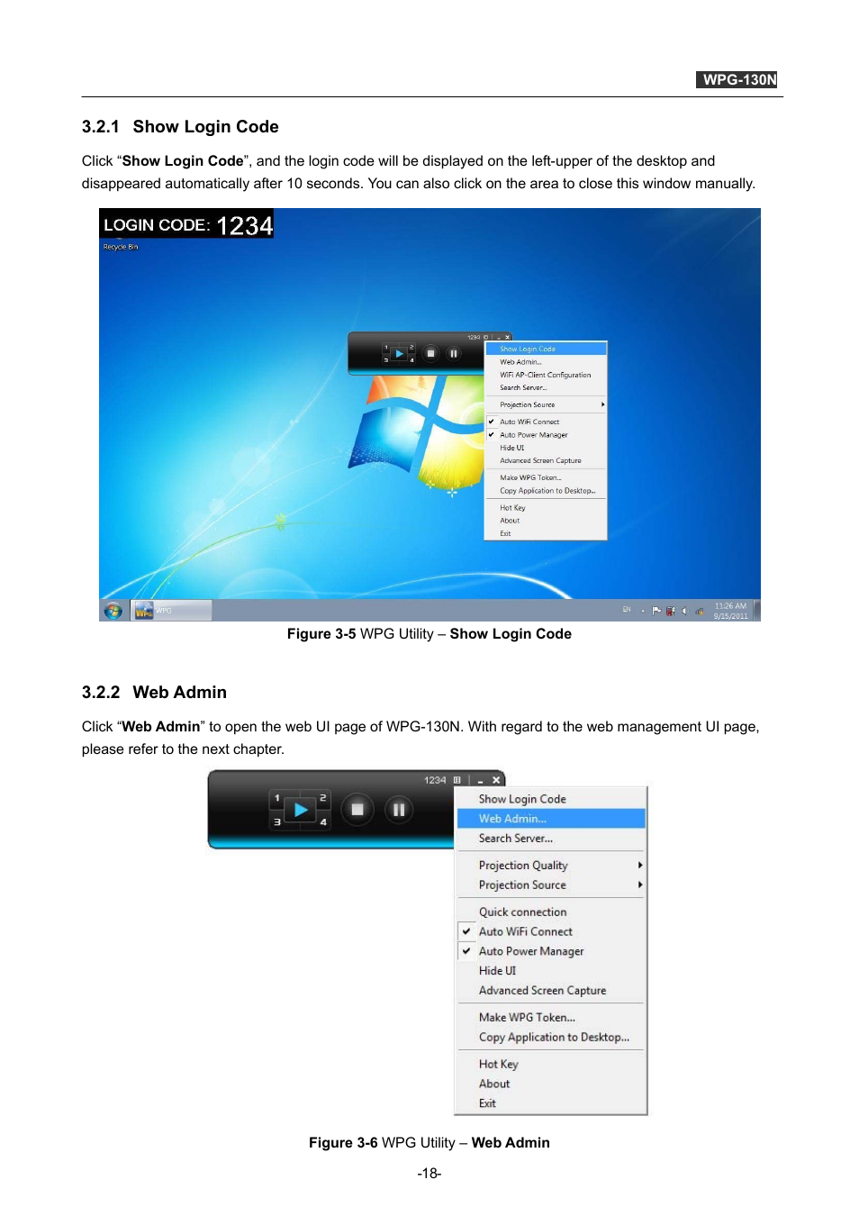 1 show login code, 2 web admin, Show login code | Web admin | PLANET WPG-130N User Manual | Page 18 / 53