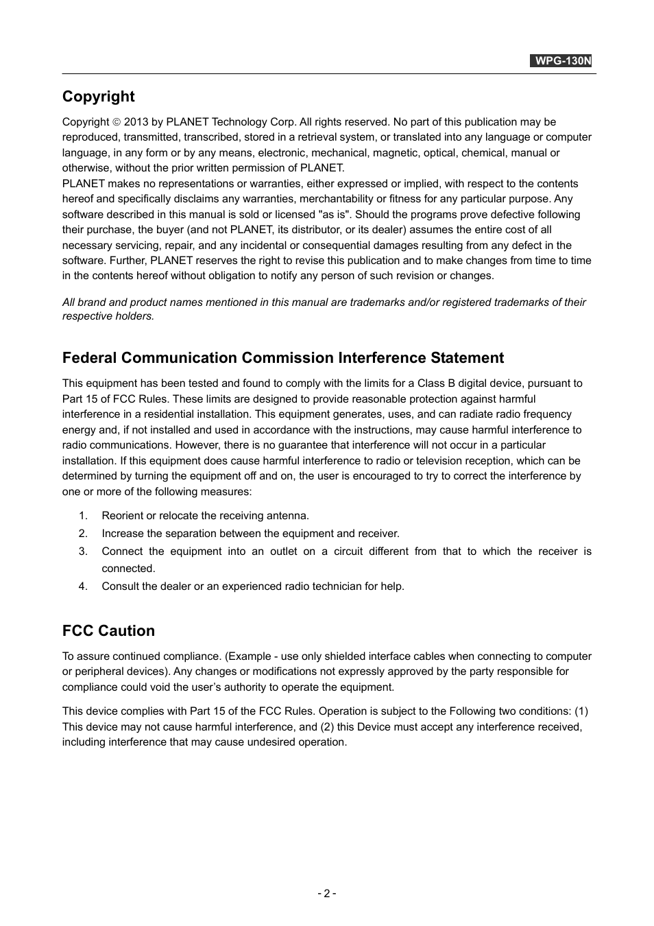 Copyright, Fcc caution | PLANET WPG-130N User Manual | Page 2 / 53