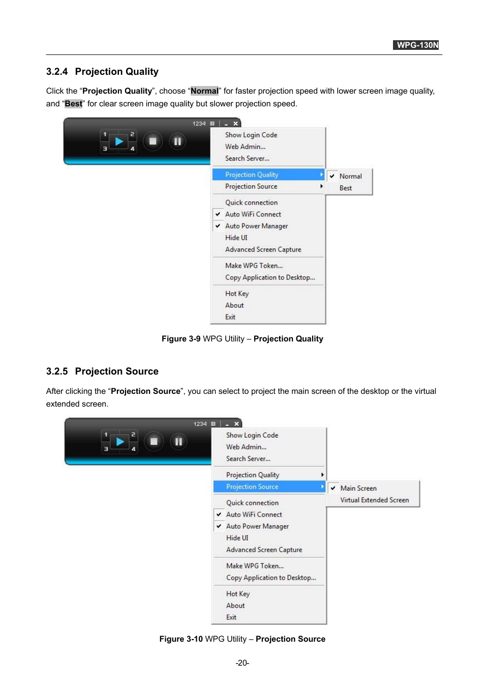 4 projection quality, 5 projection source, Projection quality | Projection source | PLANET WPG-130N User Manual | Page 20 / 53