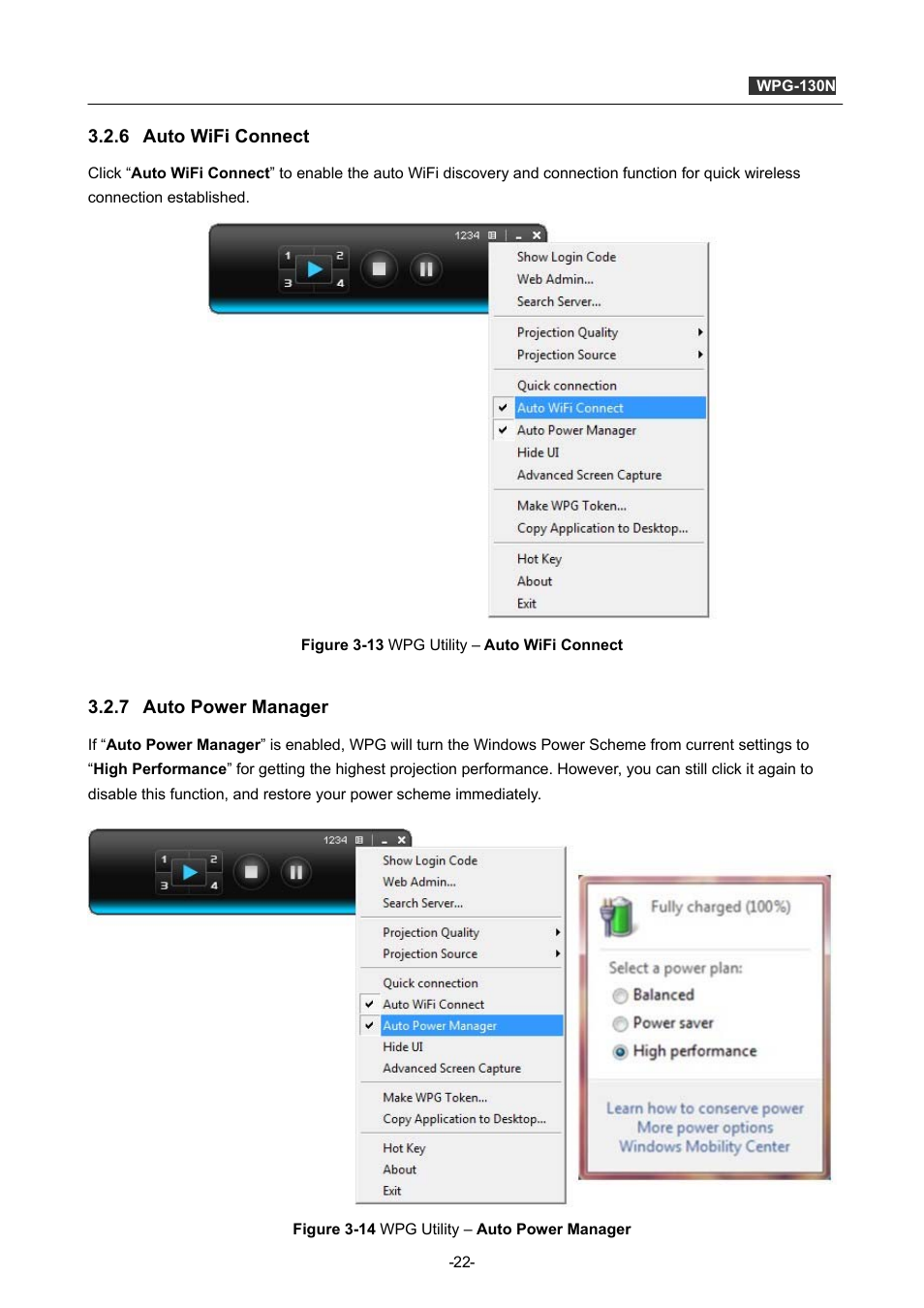 6 auto wifi connect, 7 auto power manager, Auto wifi connect | Auto power manager | PLANET WPG-130N User Manual | Page 22 / 53