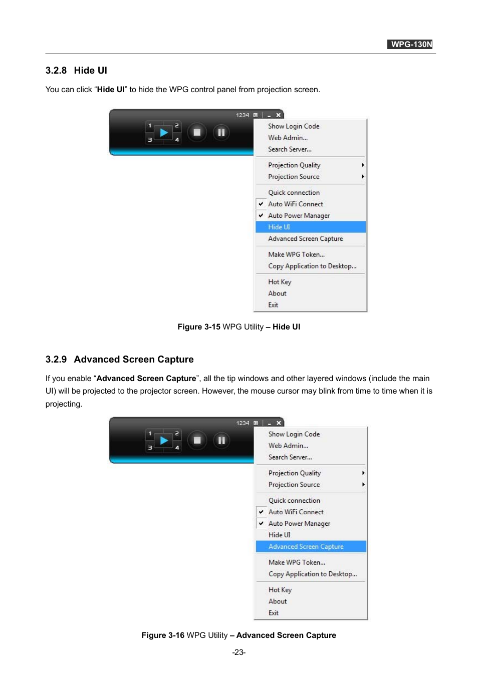 8 hide ui, 9 advanced screen capture, Hide ui | Advanced screen capture | PLANET WPG-130N User Manual | Page 23 / 53