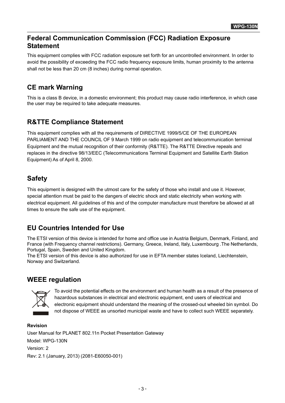 Ce mark warning, R&tte compliance statement, Safety | Eu countries intended for use, Weee regulation | PLANET WPG-130N User Manual | Page 3 / 53