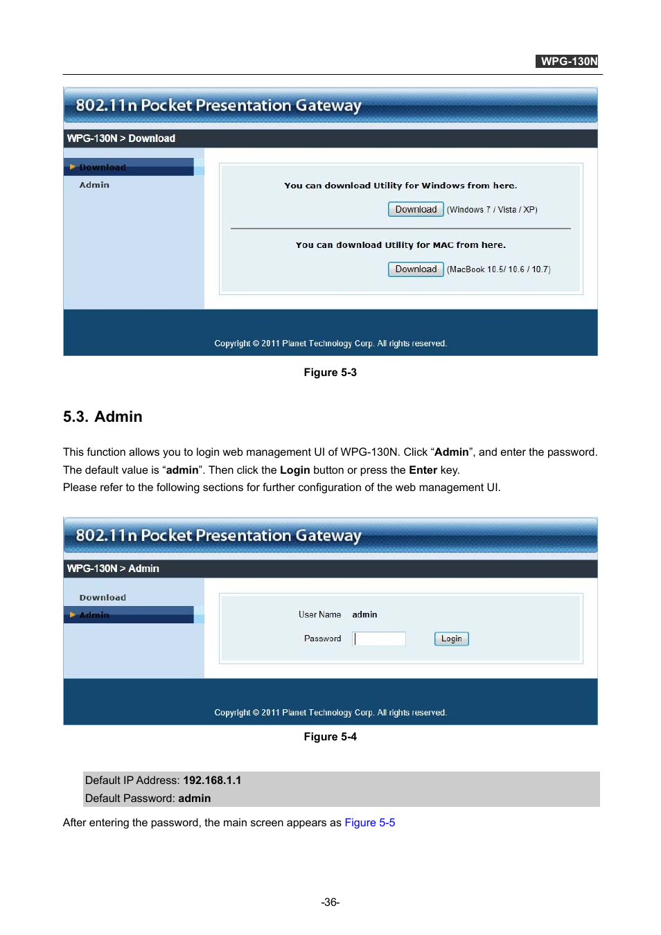 Admin | PLANET WPG-130N User Manual | Page 36 / 53