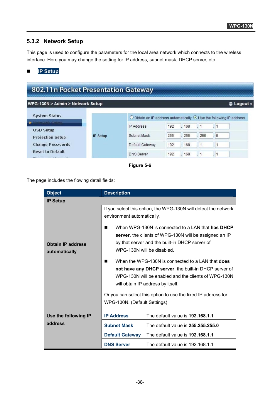 2 network setup, Network setup | PLANET WPG-130N User Manual | Page 38 / 53