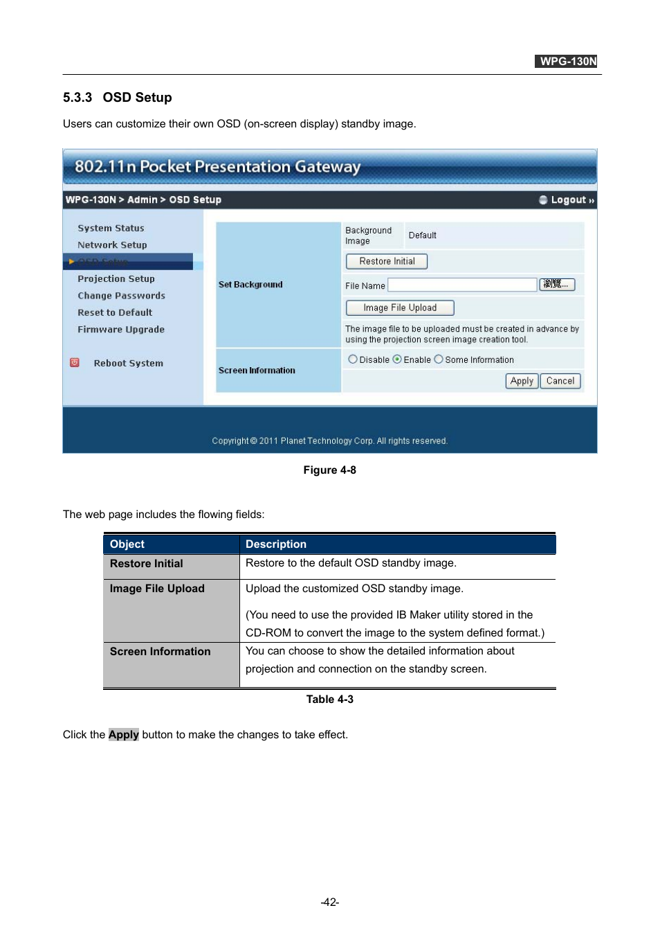 3 osd setup, Osd setup | PLANET WPG-130N User Manual | Page 42 / 53