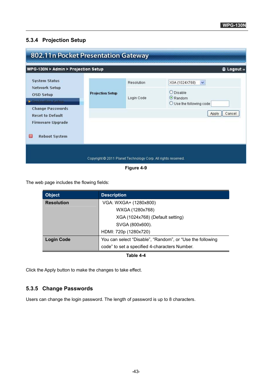 4 projection setup, 5 change passwords, Projection setup | Change passwords | PLANET WPG-130N User Manual | Page 43 / 53