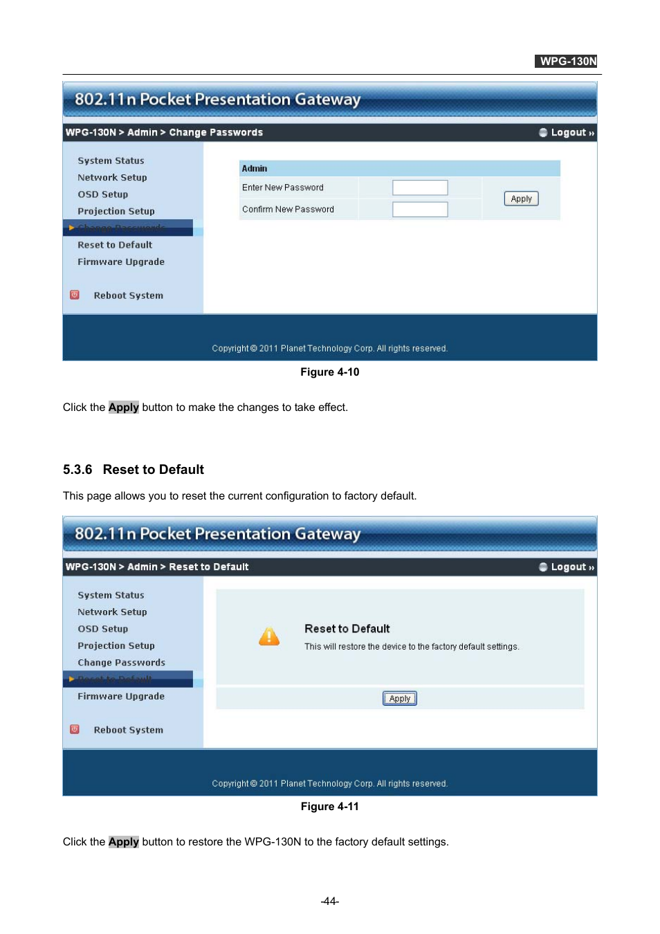 6 reset to default, Reset to default | PLANET WPG-130N User Manual | Page 44 / 53