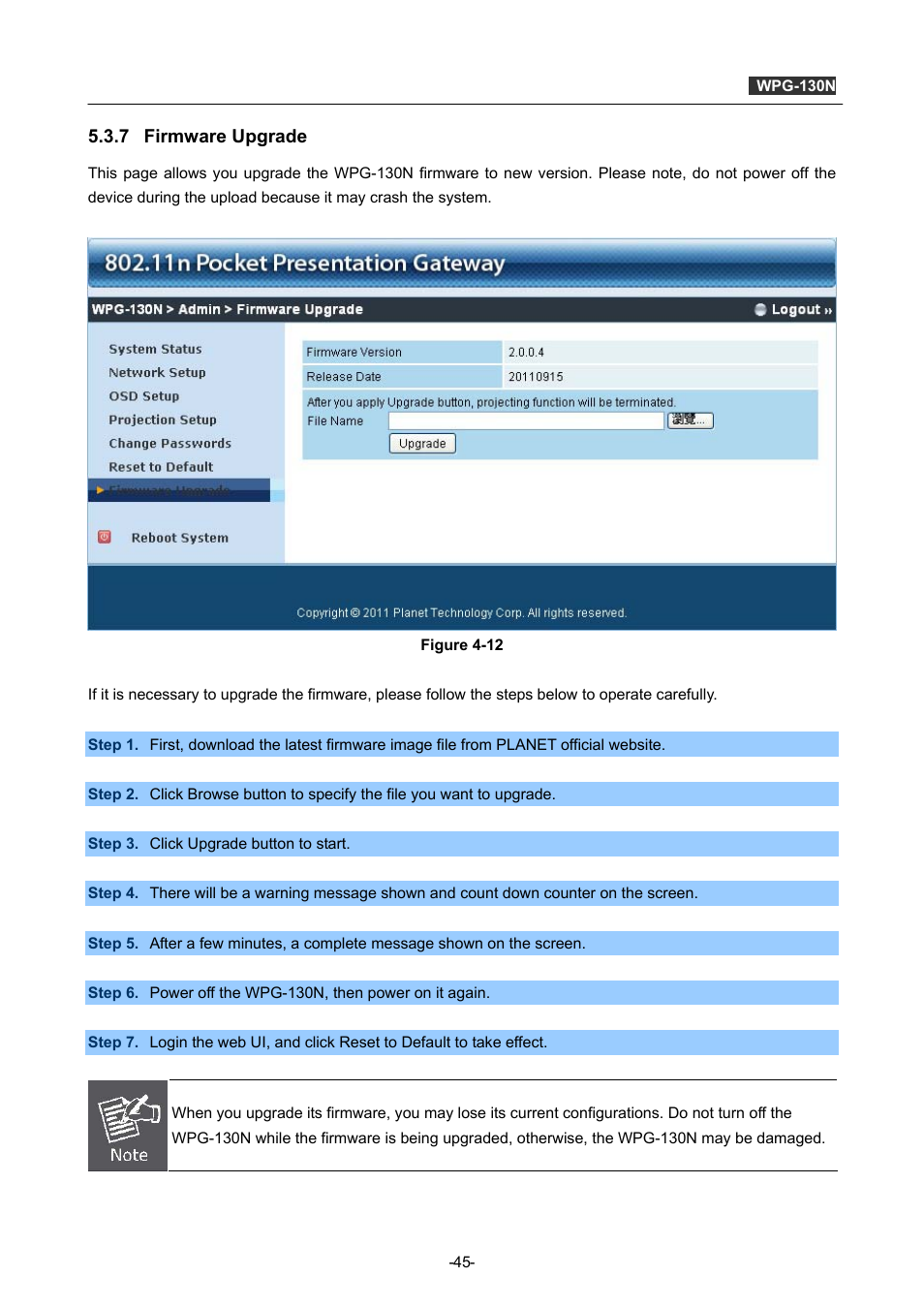 7 firmware upgrade, Firmware upgrade | PLANET WPG-130N User Manual | Page 45 / 53