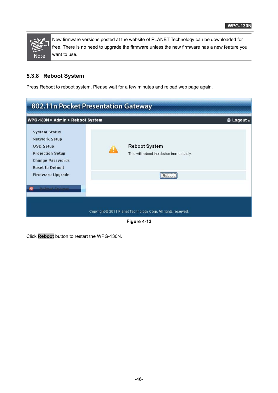8 reboot system, Reboot system | PLANET WPG-130N User Manual | Page 46 / 53
