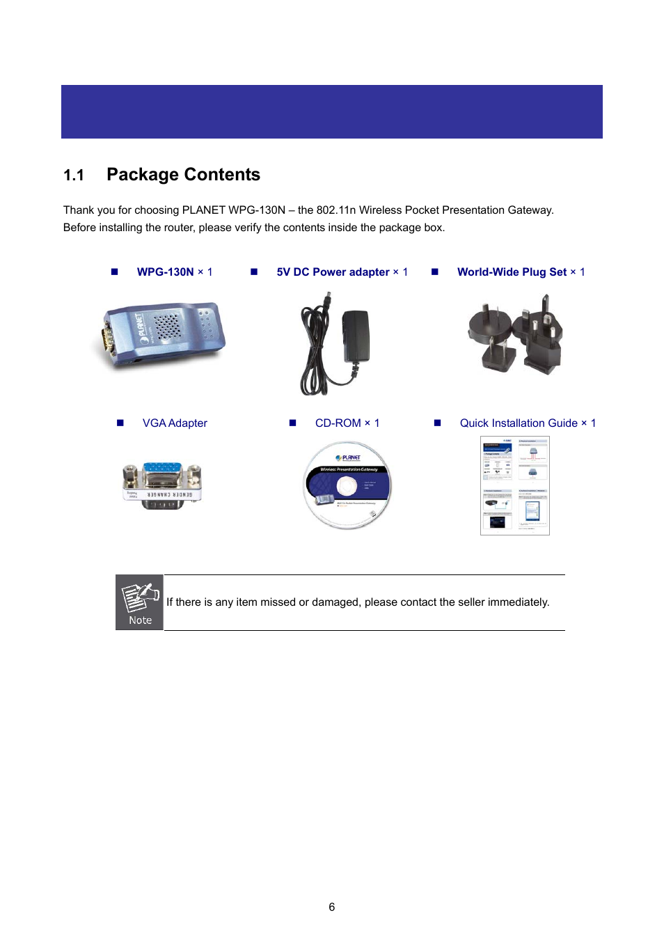 Chapter 1. product introduction, 1 package contents, Chapter 1 | Product introduction, Package contents | PLANET WPG-130N User Manual | Page 6 / 53