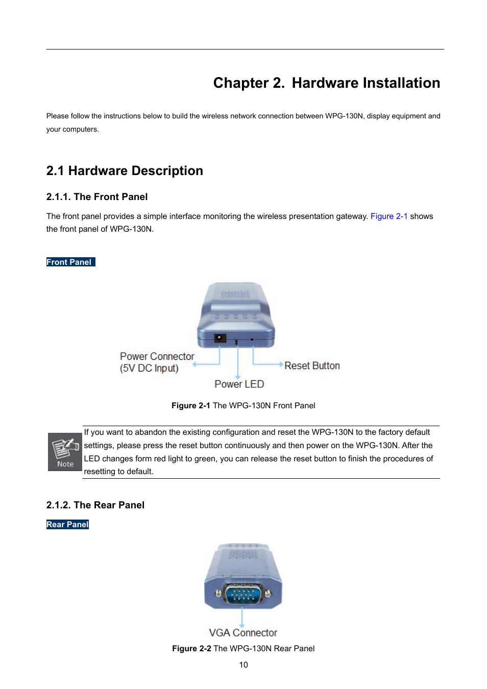 Chapter 2. hardware installation, 1 hardware description, The front panel | The rear panel, Chapter 2, Hardware installation | PLANET WPG-130N User Manual | Page 10 / 50