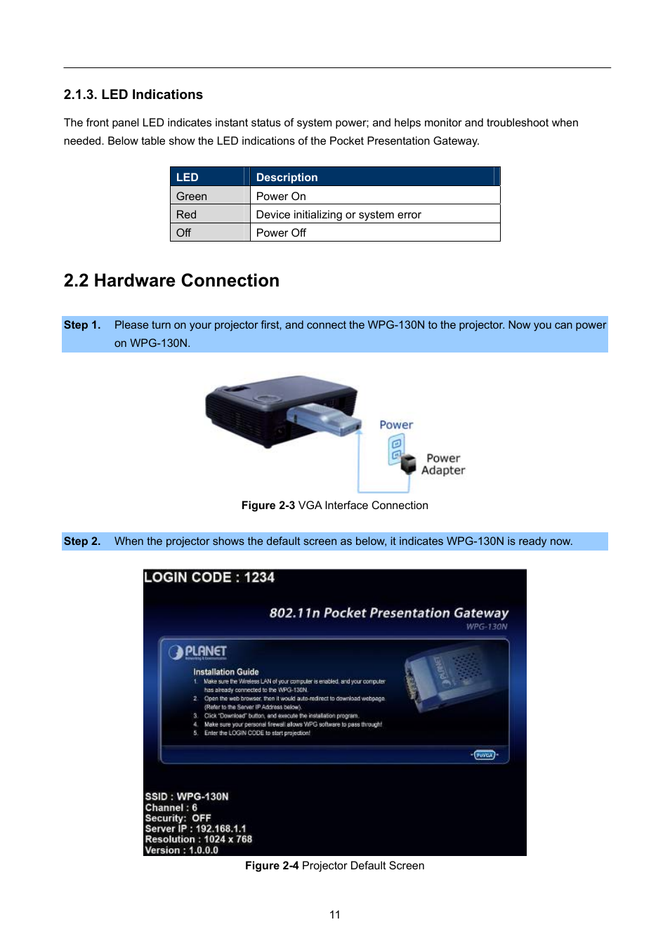 Led indications, 2 hardware connection | PLANET WPG-130N User Manual | Page 11 / 50