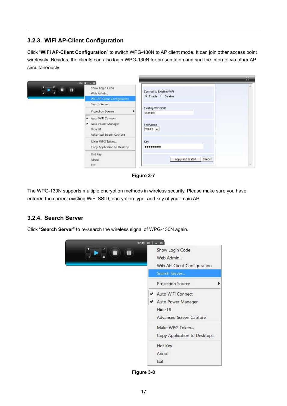 Wifi ap-client configuration, Search server | PLANET WPG-130N User Manual | Page 17 / 50