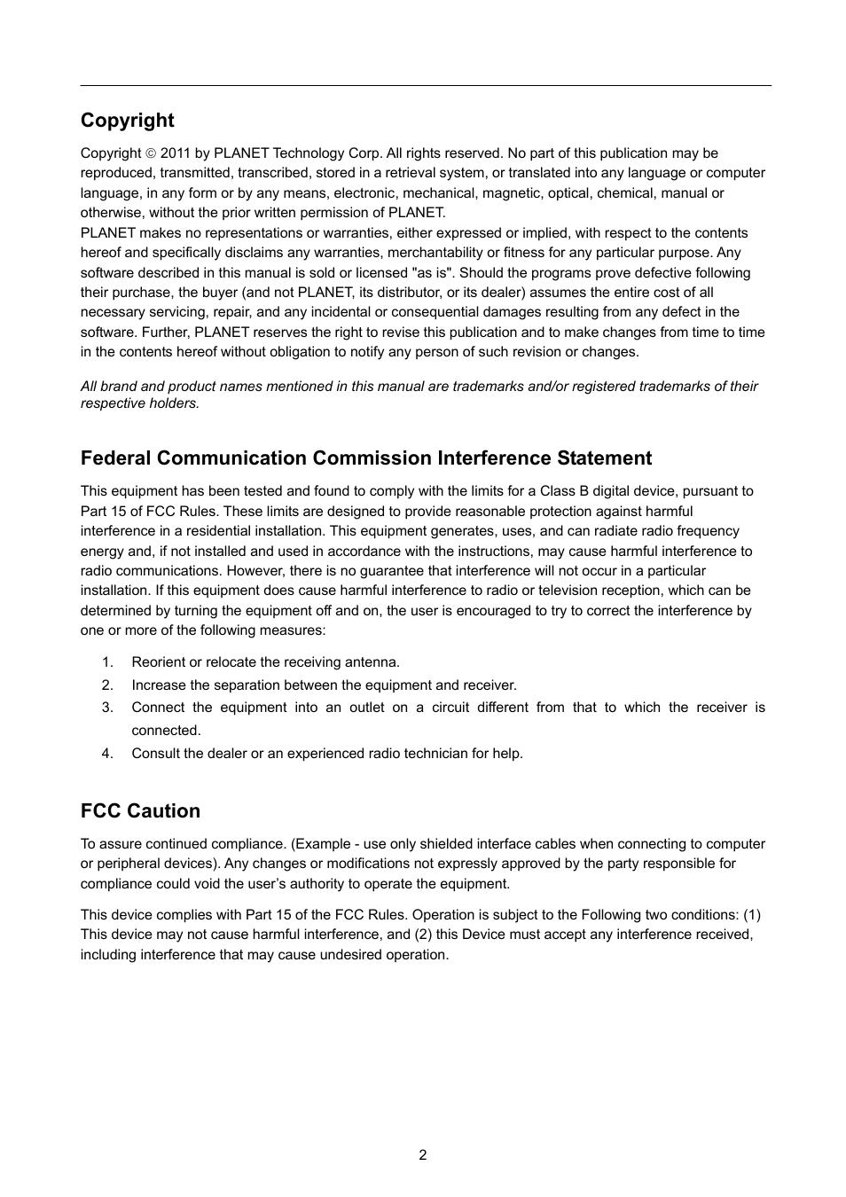 Copyright, Fcc caution | PLANET WPG-130N User Manual | Page 2 / 50
