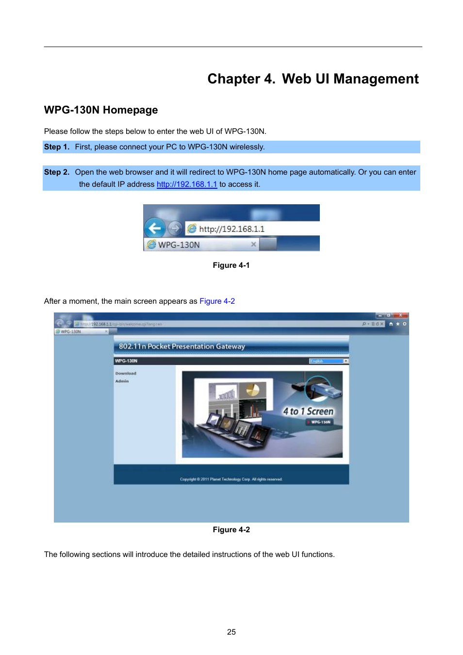 Chapter 4. web ui management, Chapter 4, Web ui management | Wpg-130n homepage | PLANET WPG-130N User Manual | Page 25 / 50