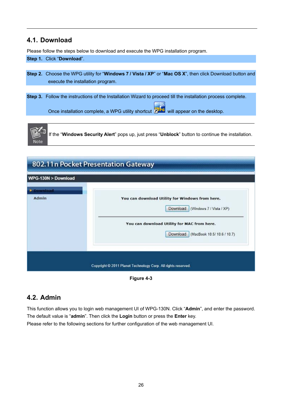 Download, Admin | PLANET WPG-130N User Manual | Page 26 / 50