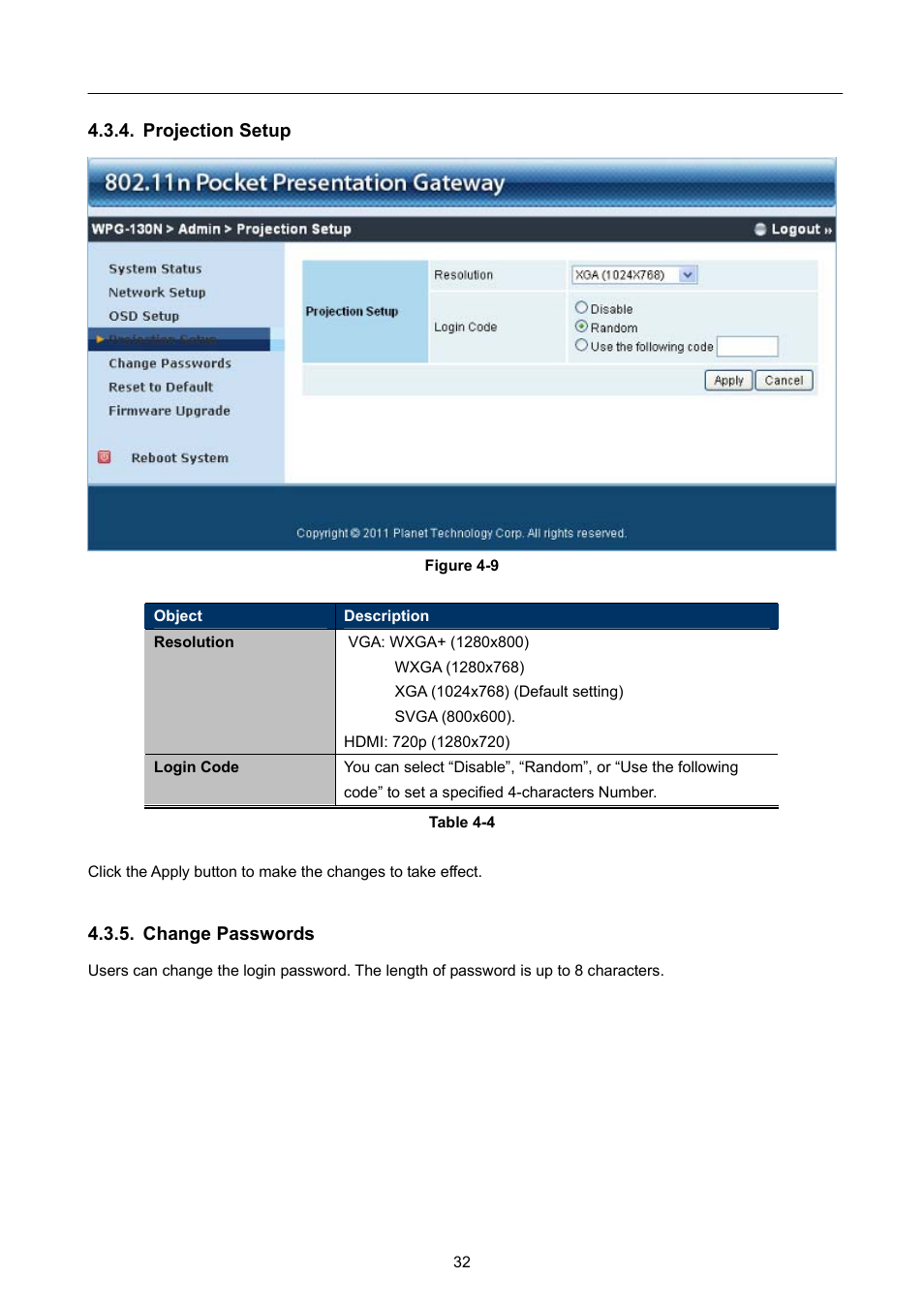 Projection setup, Change passwords | PLANET WPG-130N User Manual | Page 32 / 50