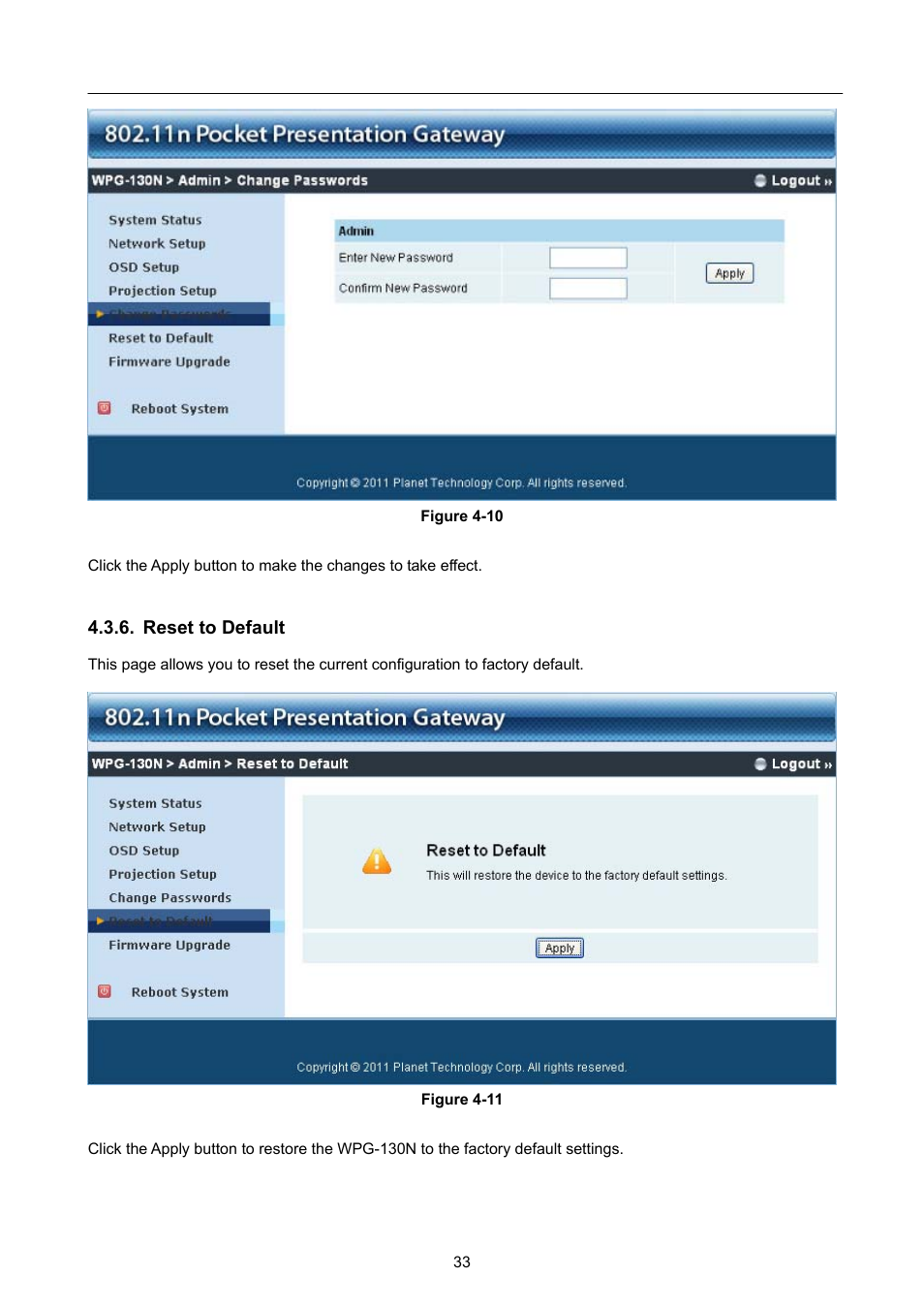 Reset to default | PLANET WPG-130N User Manual | Page 33 / 50