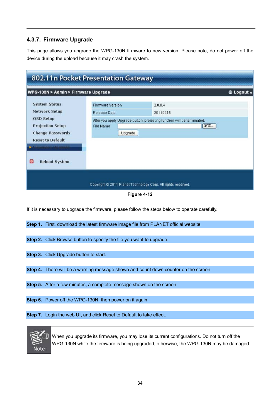 Firmware upgrade | PLANET WPG-130N User Manual | Page 34 / 50
