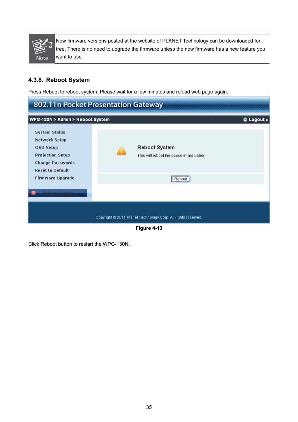 Reboot system | PLANET WPG-130N User Manual | Page 35 / 50